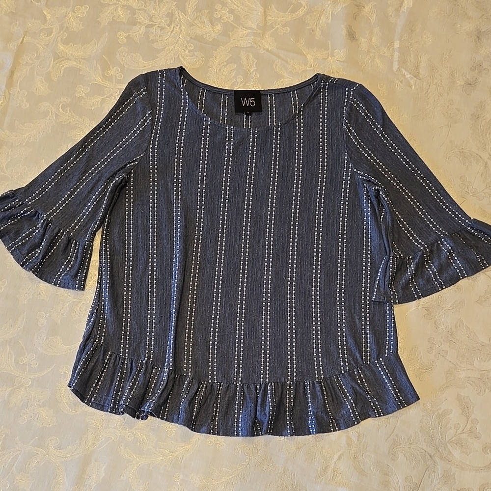 140. W5 Anthropology Blue Ruffled Blouse with Bell 3/4 Sleeves Medium